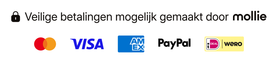 Veilige betalingen mogelijk gemaakt door Mollie: Mastercard, Visa, American Express, PayPal, iDEAL en Wero